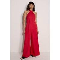 Apricot Women's Halter Neck Wide-Leg Linen Blend Jumpsuit in Red | Size: 16