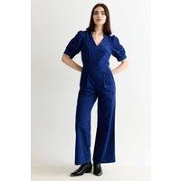 Louche Women's Finlay Babycord V Neck Ric Rac Trim Jumpsuit - Navy in Blue | Size: 14
