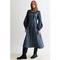 Louche Women's Zoya Chambray Zip Front, Frill Collar Midi Dress - Dark Grey | Size: 10