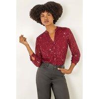 Roman Women's Embellished Sequin Stretch Blouse in Dark Red | Size: 20