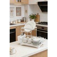 ExtraStar Space-Saving 2-Tier Dish Rack with Detachable Drain Tray in White