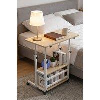 ExtraStar Height Adjustable Mobile Overbed Table with 2 Storage Shelves in Beige