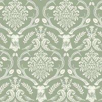 Arthouse Stag Damask Wallpaper in Olive
