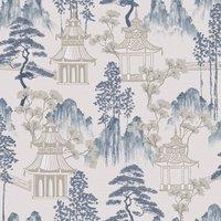 Arthouse Japanese Pagoda Wallpaper in Mid Blue