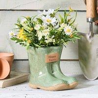 Dibor Small Green Ceramic Boots Flower Planter with "Happy Easter" Engraved Plaque Gardening Gift H10 x W12cm