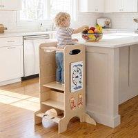 CASART Wooden Kids Standing Tower Kitchen Step Stool w/3 Adjustable Heights in Natural