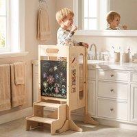 CASART Foldable Standing Tower Kids Step Stool w/ Safety Net & Blackboard in Natural