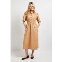Dorothy Perkins Women's Collar Shirred Waist Detail Poplin Midi Dress in Camel | Size: 16