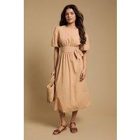 Dorothy Perkins Women's Petite Bow Waist Detail Puff Sleeve Midi Dress in Tan | Size: 16