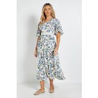 Dorothy Perkins Women's Blue Floral Lace Trim Button Detail Angel Sleeve Printed Midi Dress | Size: 8