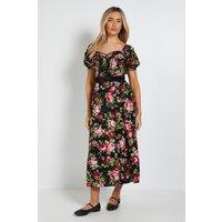 Dorothy Perkins Women's Black Floral Lace Trim Pleat Bodice Puff Sleeve Midi Dress | Size: 16