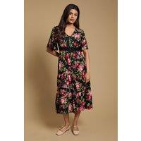 Dorothy Perkins Women's Petite Black Floral Lace Trim Button Detail Angel Sleeve Printed Midi Dress | Size: 16