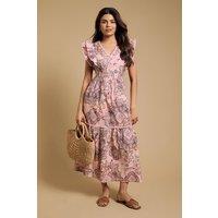 Dorothy Perkins Women's Petite Lace Trim V Neck Printed Poplin Midi Dress in Pink | Size: 14