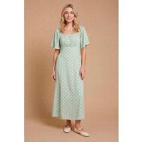 Dorothy Perkins Women's Angel Sleeve Full Skirt Printed Midi Tea Dress in Green | Size: 16