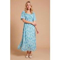 Dorothy Perkins Women's Angel Sleeve Full Skirt Printed Midi Tea Dress in Blue | Size: 18