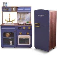 Teamson Kids Wooden Play Kitchen with Modular Fridge, Sink & 14 Accessories in Blue