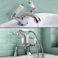 Nes Home Imperior Traditional Bath Shower Mixer & Basin Dual Lever Mixer Tap in Silver