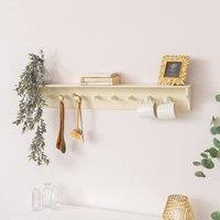 Melody Maison Large Ivory Wooden Wall Shelf With Hooks - 100cm