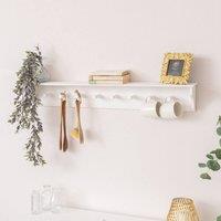 Melody Maison Large White Washed Mango Wooden Wall Shelf With Hooks - 100cm