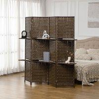 HOMCOM 4 Panel Folding Wall Divider Room with Shelves Privacy Screen Panels in Brown