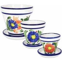 Verano Spanish Ceramics Floral Hand Painted Set of 3 Classic Plant Pots & Drainage Plates (D) 16-29cm