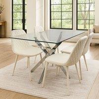 KOSY KOALA Modern Rectangle Glass Dining Table Set With 4 Cream Gem Pattern Chair