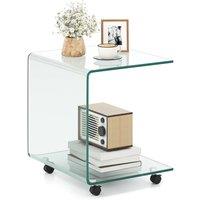 Gymax C-Shaped Tempered Glass Side Table With 2-tier Shelf 4 Lockable Wheels in Clear