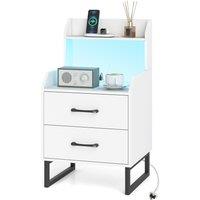 Gymax Modern Bedside Table Nightstand With LED Lights & Charging Station in White