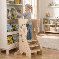 CASART Kitchen Step Stool 2 in 1 Wooden Standing Tower w/Removable Safety Bar in Natural