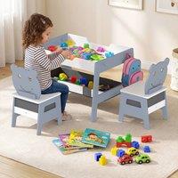 CASART Kids Table &2 Chairs Set Wooden Activity Table w/Double-sized Tabletop in Grey