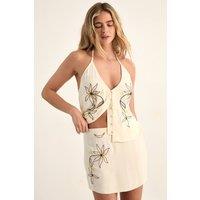 NastyGal Women's Western Embroidered Halter Neck Button Down Waistcoat Co-ord in Cream | Size: 14