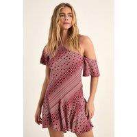 NastyGal Women's Polka Dot Stripe Mix Off-The Shoulder Godet Hem Mini Dress in Red | Size: 12