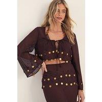 NastyGal Women's Sheer Coin Trim Tie Front Beach Top in Chocolate | Size: 8