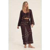 NastyGal Women's Sheer Coin Trim Maxi Beach Skirt in Chocolate | Size: 12