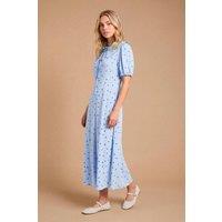 Dorothy Perkins Women's Lace Trim Collar Tie Detail Printed Midi Dresss in Blue | Size: 14