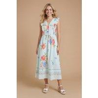Dorothy Perkins Women's Button Up Front Flutter Sleeve Printed Poplin Midi Dress in Sage | Size: 16