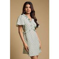 Dorothy Perkins Women's Petite Tie Front Ruffle Sleeve Printed Mini Dress in Green | Size: 8