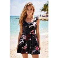 MODISHION Women's One Piece Skirted Swimwear with Shorts in Jet Black | Size: Small
