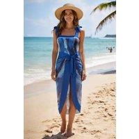 MODISHION Women's Tie Shoulder Printed Swimsuit with Cover Up Skirt in Blue | Size: Small