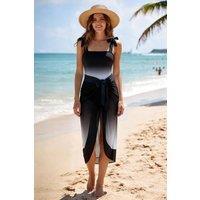 MODISHION Women's Tie Shoulder Printed Swimsuit with Cover Up Skirt in Black | Size: XL