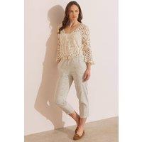 Klass. Women's Cropped Tapered Pull On Striped Trousers in Khaki | Size: 16