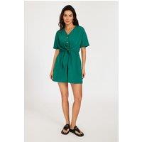 FS Collection Women's Relaxed Button Down Playsuit in Green | Size: 10