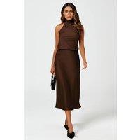 FS Collection Women's Satin Midi Skirt with Fluid A-Line Silhouette in Brown | Size: Large