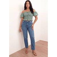 Lovedrobe Women's Short Sleeve Shirred Bardot Top in Green | Size: 26