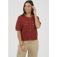 Brave Soul Women's Short Sleeve Pointelle Knit Crew Neck Cardigan in Amber | Size: Large
