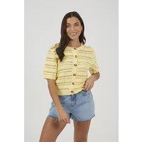 Brave Soul Women's Short Sleeve Pointelle Knit Crew Neck Cardigan in Yellow | Size: Large