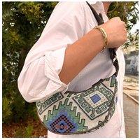 KDMD Women's Geo-Green Jacquard Hobo Bag with Brown Strap - Stylish & Spacious in Green