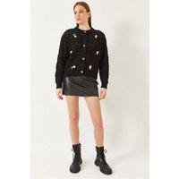 Bianco Lucci Women's Textured Knitwear Cardigan with Pompom in Black