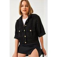 Bianco Lucci Women's Cropped Plush Buttoned Jacket with Shirt Collar in Black | Size: Small