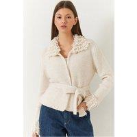 Bianco Lucci Women's Frilly Tie Closure Shawl Collar Cardigan in Beige
